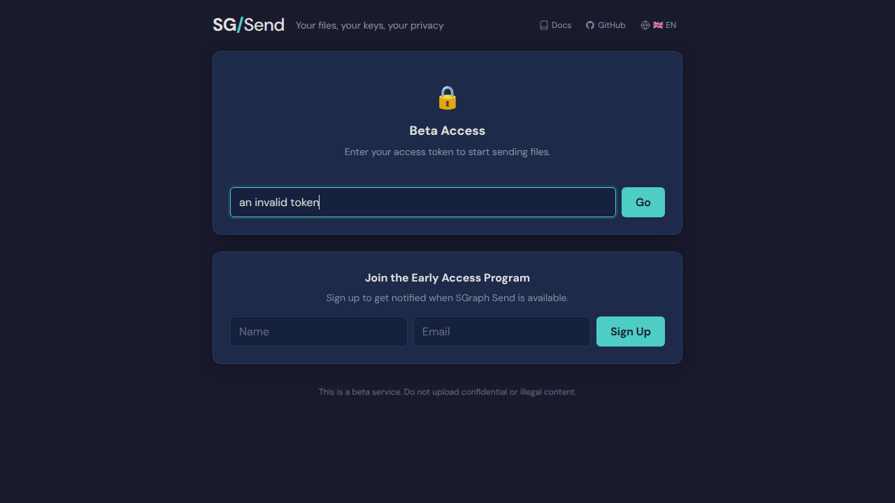 An invalid token has been entered in the access field, ready to submit