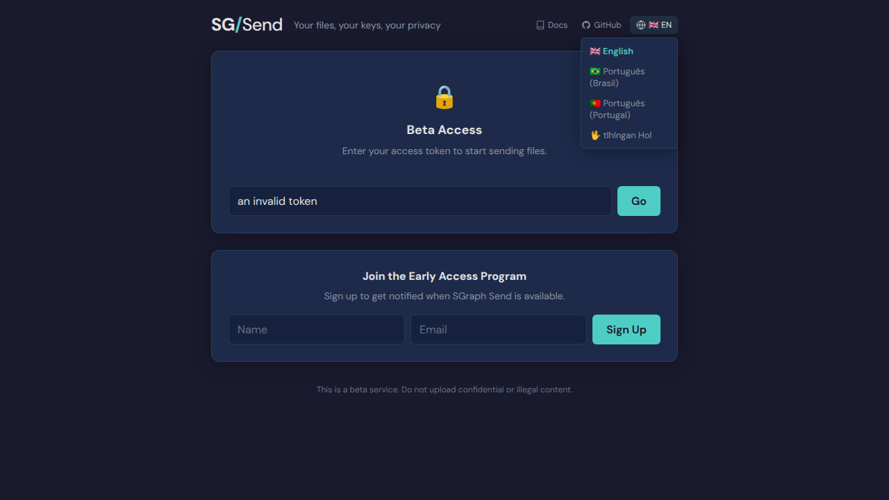 The invalid token has been rejected — an error message is displayed