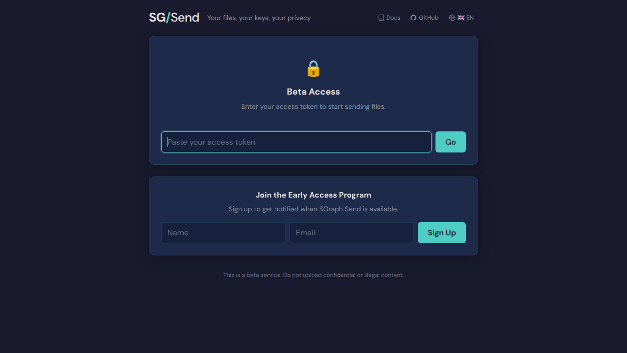 The SG/Send Beta Access gate showing token input and Go button